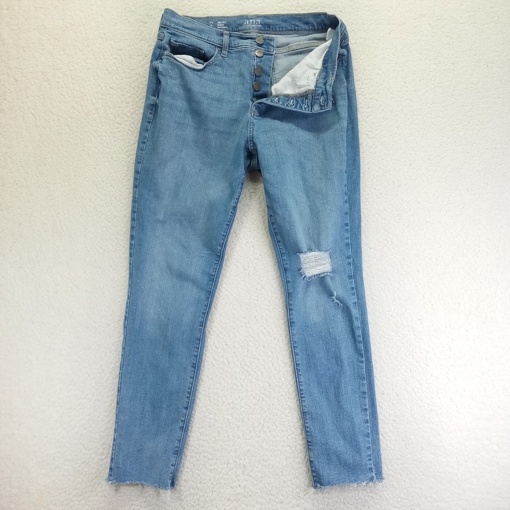 a.n.a Womens High Rise Skinny Jeans Blue Distressed Button Fly Sz 12 Medium Wash